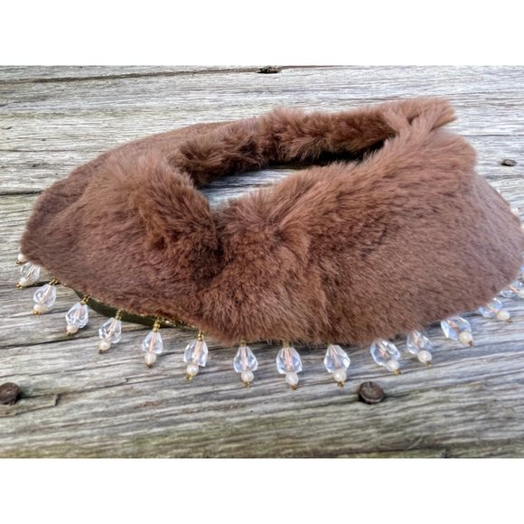 Vintage 1950s Brown Mink fur Collar/Necklace With Glass Dangle Beads - Picture 4 of 16